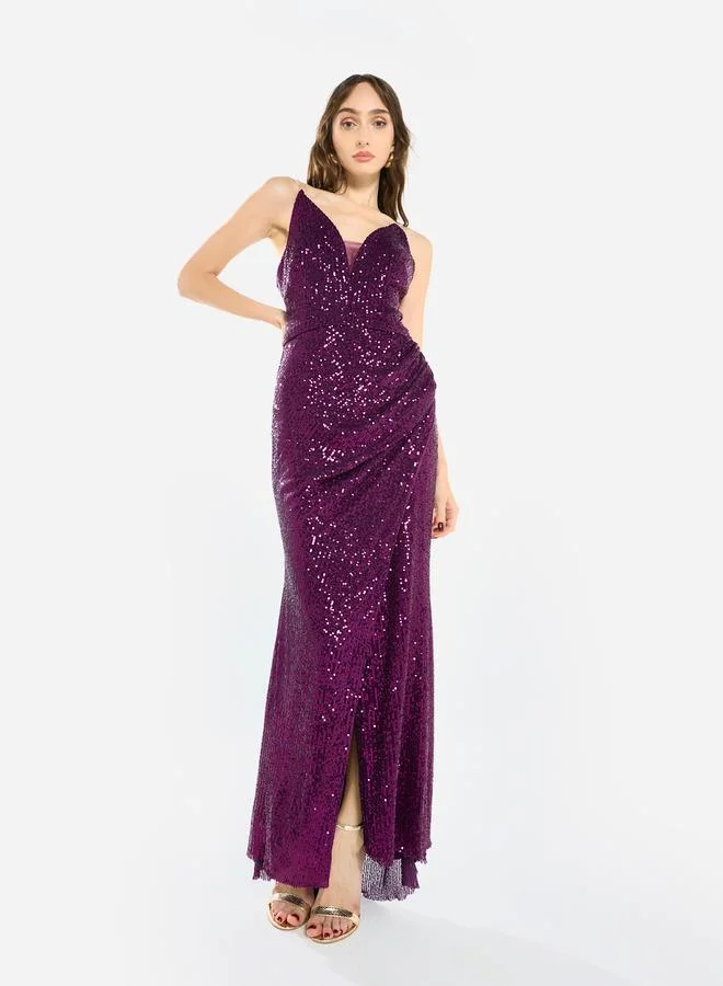 House of Moda Women Sequin Strappy Drape Maxi Dress